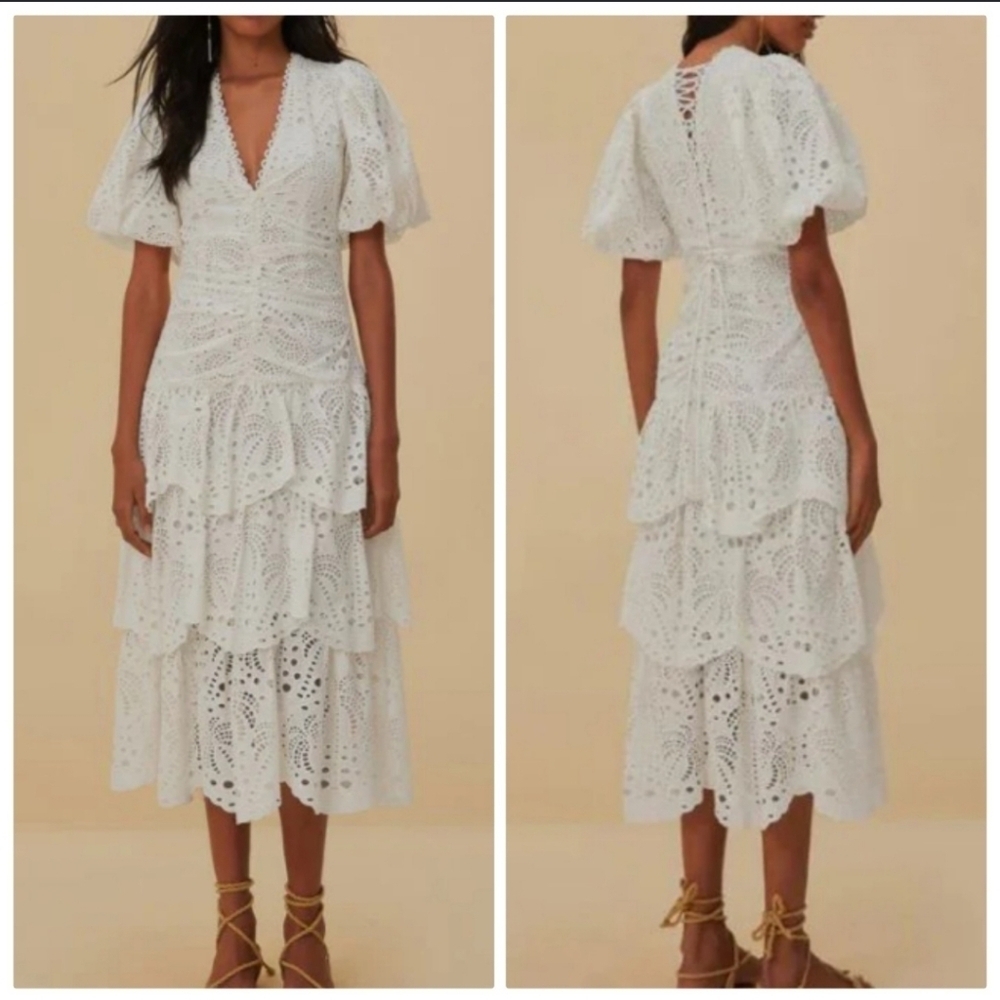 Farm Rio White Eyelet Puff Sleeve Midi Dress - Picture 2 of 7